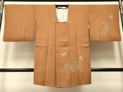 平和屋着物●名門・上野家 上野街子 清染居 道行コート 休み鳥花文 金彩 ロング丈 正絹 逸品 CAAT5680id