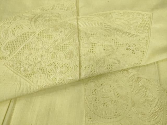 平和屋着物▽中国三大刺繍 スワトウ刺繍 汕頭刺繍 総刺繍 訪問着 単衣 紬地 地紙鳳凰花文 女郎花色 正絹 逸品 DAAS0928az