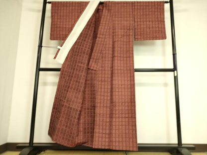 平和屋着物▽上質な紬 単衣 格子 正絹 逸品 DAAS0939az