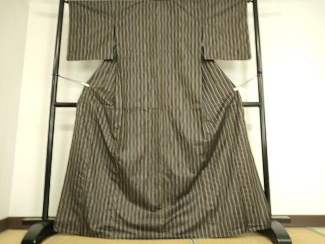 平和屋着物▽上質な紬　単衣　よろけ縞　正絹　逸品　DAAS0952az