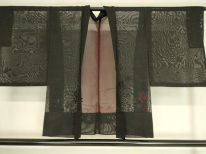 平和屋着物▽羽織 スリーシーズン 春夏秋 塵除け 総刺繍 紗 竜田川文 黒地 正絹 逸品 DAAT9014az