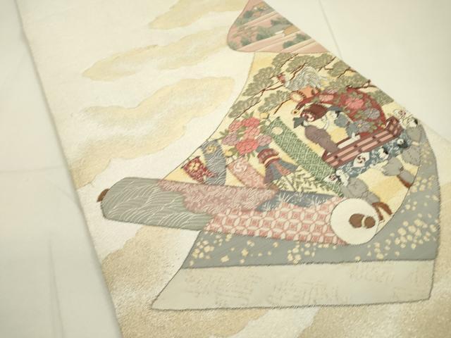 平和屋着物▼綴れ　太鼓柄袋帯　絵巻人物花文　金銀糸　正絹　逸品　DAAT3318fe