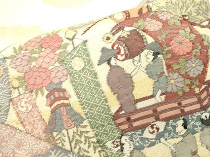 平和屋着物▼綴れ　太鼓柄袋帯　絵巻人物花文　金銀糸　正絹　逸品　DAAT3318fe