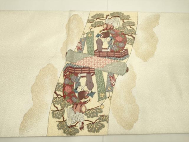 平和屋着物▼綴れ　太鼓柄袋帯　絵巻人物花文　金銀糸　正絹　逸品　DAAT3318fe
