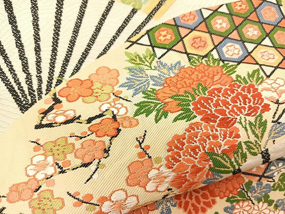 平和屋着物◎六通柄袋帯　唐織　扇花文　金糸　正絹　逸品　BAAT1787yc