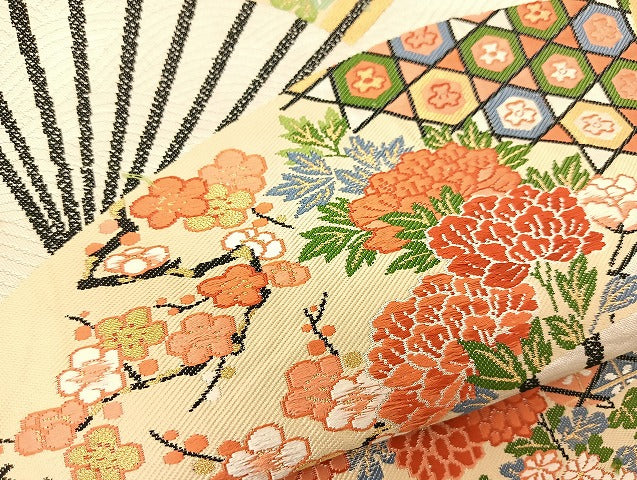 平和屋着物◎六通柄袋帯　唐織　扇花文　金糸　正絹　逸品　BAAT1787yc