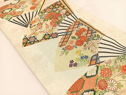 平和屋着物◎六通柄袋帯　唐織　扇花文　金糸　正絹　逸品　BAAT1787yc