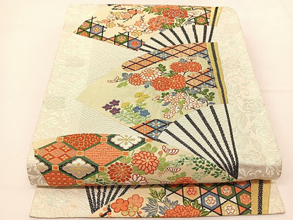 平和屋着物◎六通柄袋帯　唐織　扇花文　金糸　正絹　逸品　BAAT1787yc