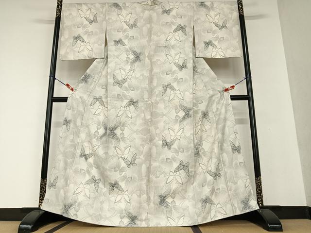 平和屋着物●名門　藤娘きぬたや・大島絞り　本場大島紬　白大島　舞蝶文　正絹　逸品　AAAW9090zg