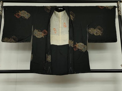 平和屋着物＃羽織 寿光織 七宝花文 黒地 金糸 正絹 逸品 未使用 CAAT5719id