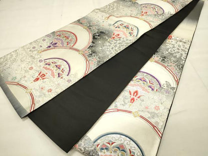 平和屋着物◎六通柄袋帯 唐織 青海波花文 黒地 金銀糸 正絹 逸品 DAAT4845qp