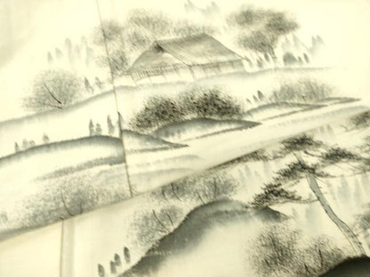 平和屋着物▽訪問着 単衣 紬地 作家物 風景渡橋山文 手描き 正絹 逸品 DAAT9135az
