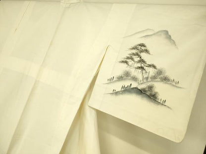 平和屋着物▽訪問着 単衣 紬地 作家物 風景渡橋山文 手描き 正絹 逸品 DAAT9135az