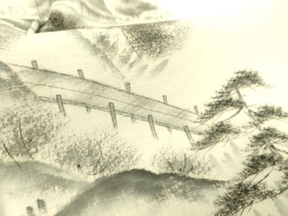 平和屋着物▽訪問着 単衣 紬地 作家物 風景渡橋山文 手描き 正絹 逸品 DAAT9135az