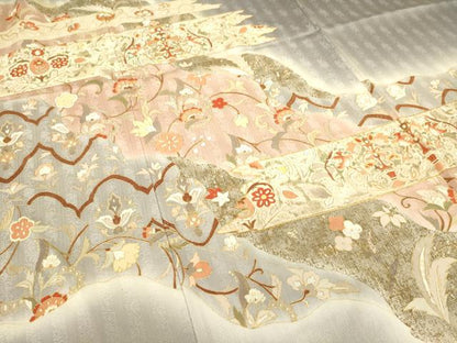 平和屋着物▽訪問着　単衣　駒刺繍　更紗花鳥文　金彩　正絹　逸品　DAAT9171az