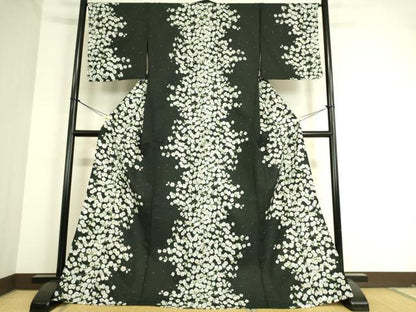 平和屋着物▽小紋 単衣 枝花文 黒地 洗える着物 DAAT9190az