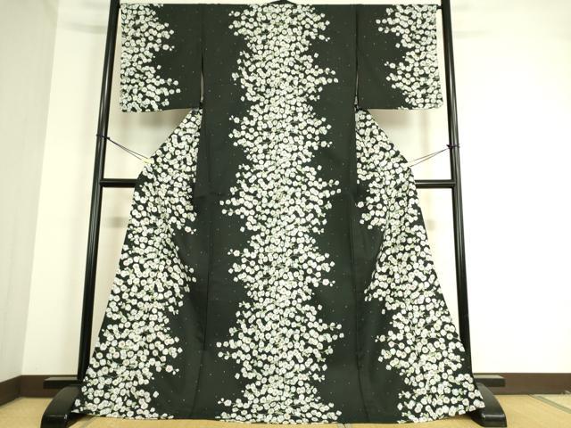 平和屋着物▽小紋 単衣 枝花文 黒地 洗える着物 DAAT9190az