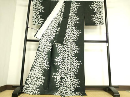 平和屋着物▽小紋 単衣 枝花文 黒地 洗える着物 DAAT9190az