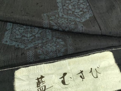 平和屋着物▽上質な紬 単衣 藍むすび 亀甲花文 反端付き 正絹 逸品 DAAT9104az