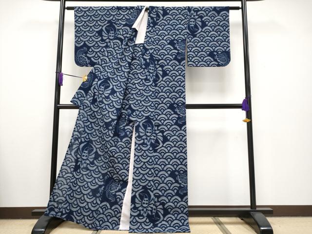 平和屋本店■極上　重要無形文化財技術保持者　森山虎雄　久留米絣　単衣　綿　正藍絣　蓑亀　鶴　反端付き　逸品　未使用　CYAA2634s5