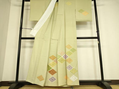 平和屋着物▽銀座　志ま亀　訪問着　単衣　駒刺繍　入子菱　正絹　逸品　DAAT9138az