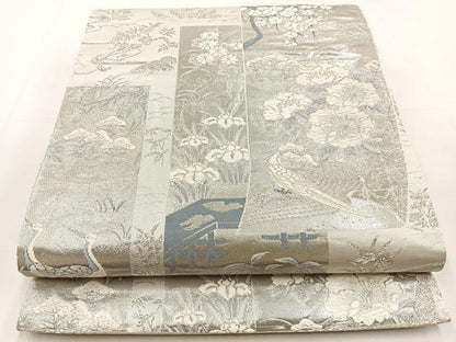 平和屋着物◎六通柄袋帯 唐織 短冊花鳥文 銀糸 正絹 逸品 BAAT9862hj