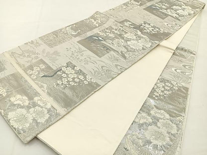 平和屋着物◎六通柄袋帯 唐織 短冊花鳥文 銀糸 正絹 逸品 BAAT9862hj