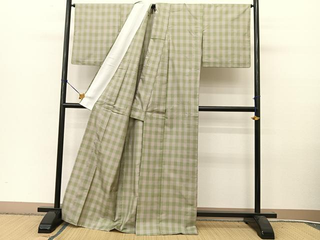 平和屋着物●本場縞大島紬　単衣　格子柄　正絹　逸品　BAAT9134yc