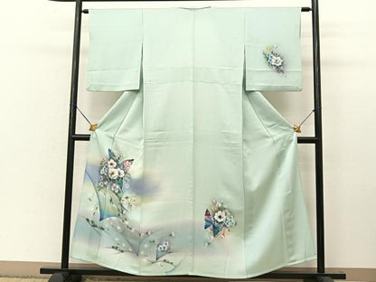 平和屋着物▽訪問着 単衣 手描き 花蝶文 銀彩 正絹 逸品 BAAT9142yc