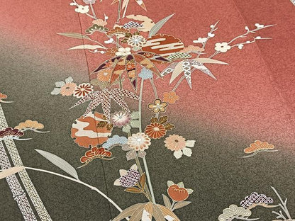 平和屋着物●訪問着　単衣　松竹梅　秋草文　暈し染め　金彩　正絹　逸品　BAAT9143yc