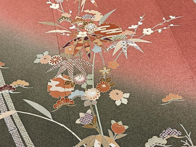 平和屋着物●訪問着　単衣　松竹梅　秋草文　暈し染め　金彩　正絹　逸品　BAAT9143yc