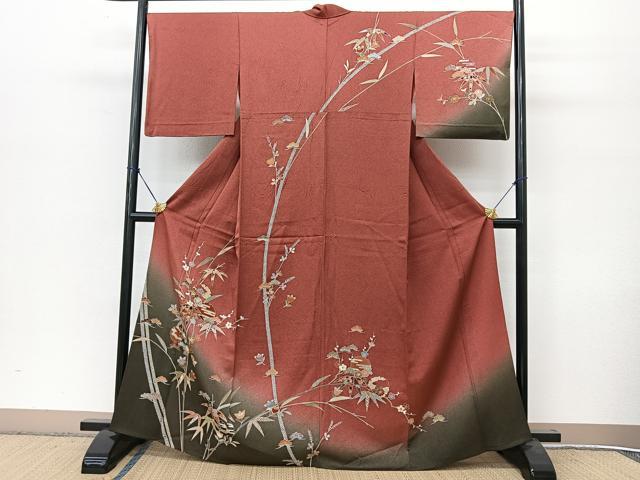平和屋着物●訪問着　単衣　松竹梅　秋草文　暈し染め　金彩　正絹　逸品　BAAT9143yc