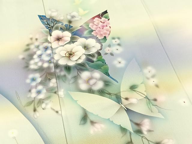 平和屋着物▽訪問着 単衣 手描き 花蝶文 銀彩 正絹 逸品 BAAT9142yc