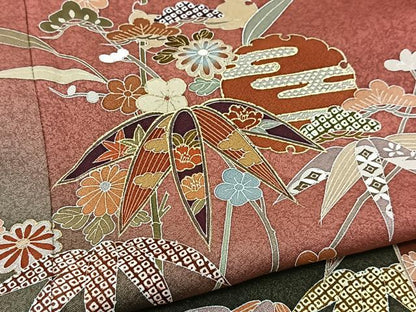 平和屋着物●訪問着　単衣　松竹梅　秋草文　暈し染め　金彩　正絹　逸品　BAAT9143yc