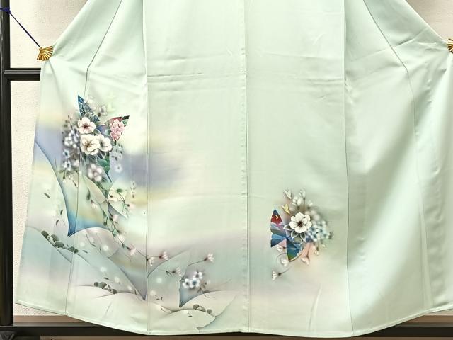 平和屋着物▽訪問着 単衣 手描き 花蝶文 銀彩 正絹 逸品 BAAT9142yc