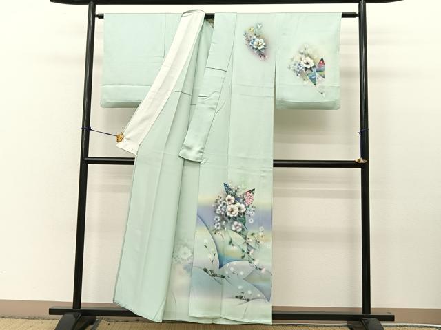 平和屋着物▽訪問着 単衣 手描き 花蝶文 銀彩 正絹 逸品 BAAT9142yc