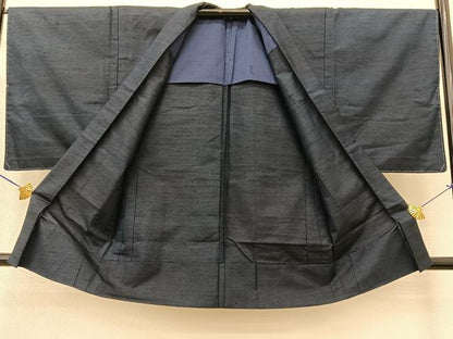 平和屋着物▽男性 桂匠結城 単衣 アンサンブル 色無地 留紺色 証紙付き 正絹 逸品 BAAT9152yc
