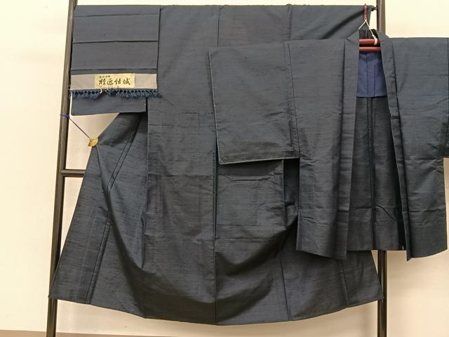 平和屋着物▽男性 桂匠結城 単衣 アンサンブル 色無地 留紺色 証紙付き 正絹 逸品 BAAT9152yc