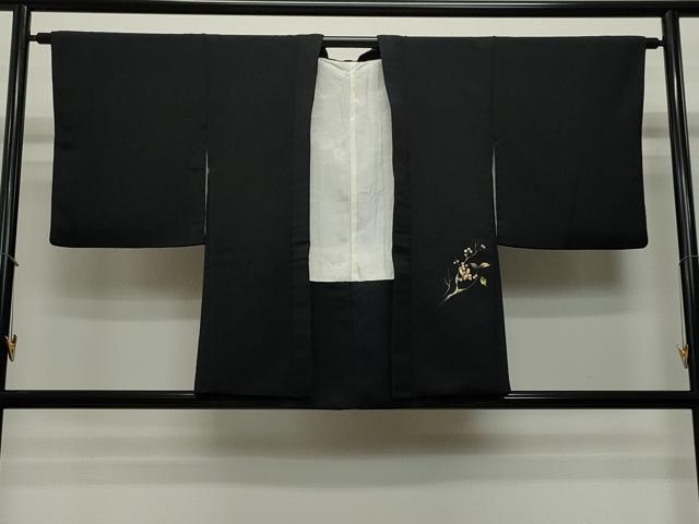 平和屋着物∞羽織 手描き 枝花文 黒地 金銀彩 正絹 逸品 CAAT5837id