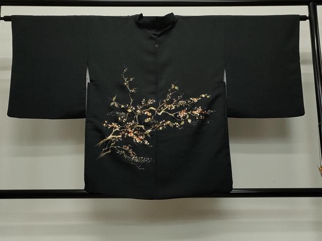 平和屋着物∞羽織 手描き 枝花文 黒地 金銀彩 正絹 逸品 CAAT5837id