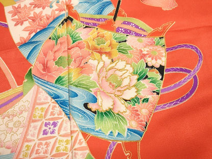 平和屋着物∵女の子 十三参り 子供 祝着・長襦袢・袋帯セット 駒刺繍 糸車草花紐文 金彩 逸品 CAAT6229ze