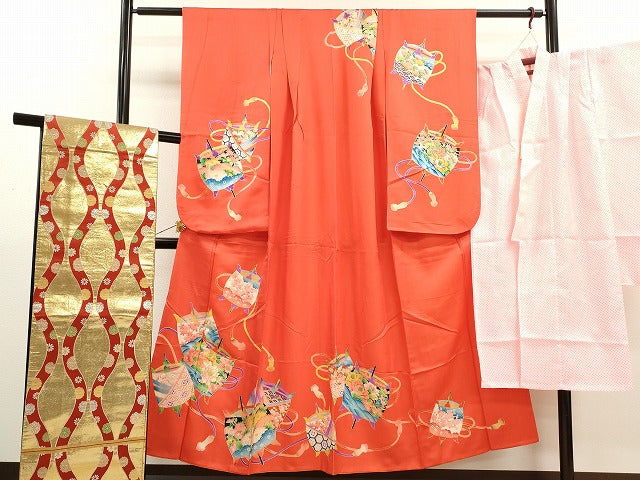 平和屋着物∵女の子 十三参り 子供 祝着・長襦袢・袋帯セット 駒刺繍 糸車草花紐文 金彩 逸品 CAAT6229ze