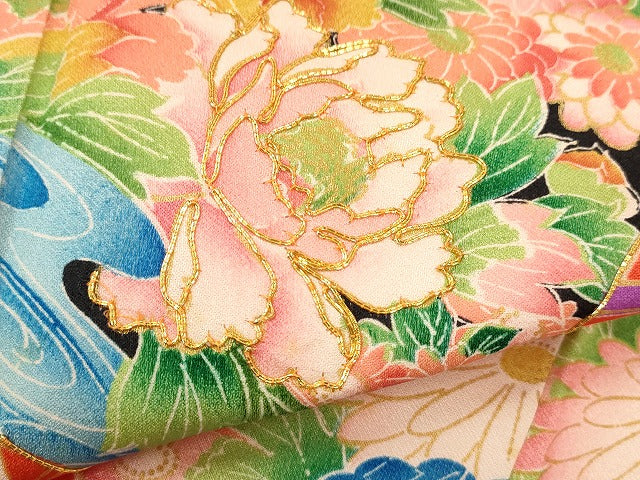 平和屋着物∵女の子 十三参り 子供 祝着・長襦袢・袋帯セット 駒刺繍 糸車草花紐文 金彩 逸品 CAAT6229ze