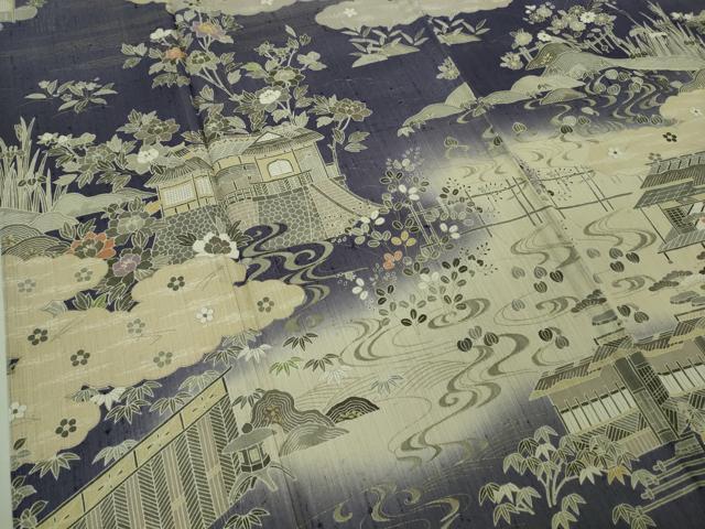 平和屋本店▽極上　染織の名門　しょうざん  生紬　訪問着　単衣　渡橋風景花文　暈し染め　逸品　未使用　DZAA3148kh5
