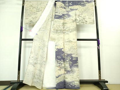 平和屋本店▽極上　染織の名門　しょうざん  生紬　訪問着　単衣　渡橋風景花文　暈し染め　逸品　未使用　DZAA3148kh5