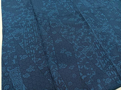 平和屋着物●本藍　型絵染　小紋　作家物　吉祥花文　正絹　逸品　BAAU0193gt