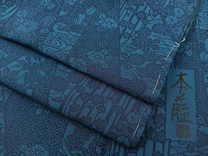 平和屋着物●本藍　型絵染　小紋　作家物　吉祥花文　正絹　逸品　BAAU0193gt