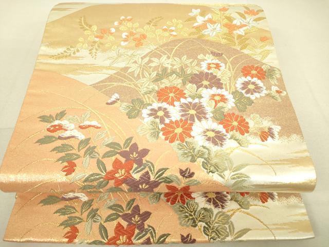 平和屋着物▼六通柄袋帯　唐織　輝風錦　重ね山花文　金糸　正絹　逸品　DAAT9562az