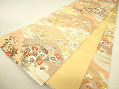 平和屋着物▼六通柄袋帯　唐織　輝風錦　重ね山花文　金糸　正絹　逸品　DAAT9562az