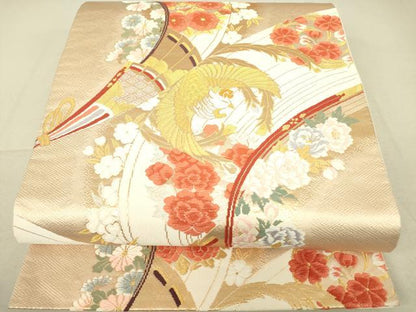 平和屋着物▼六通柄袋帯　唐織　檜扇鳳凰花文　金糸　正絹　逸品　DAAT9603az